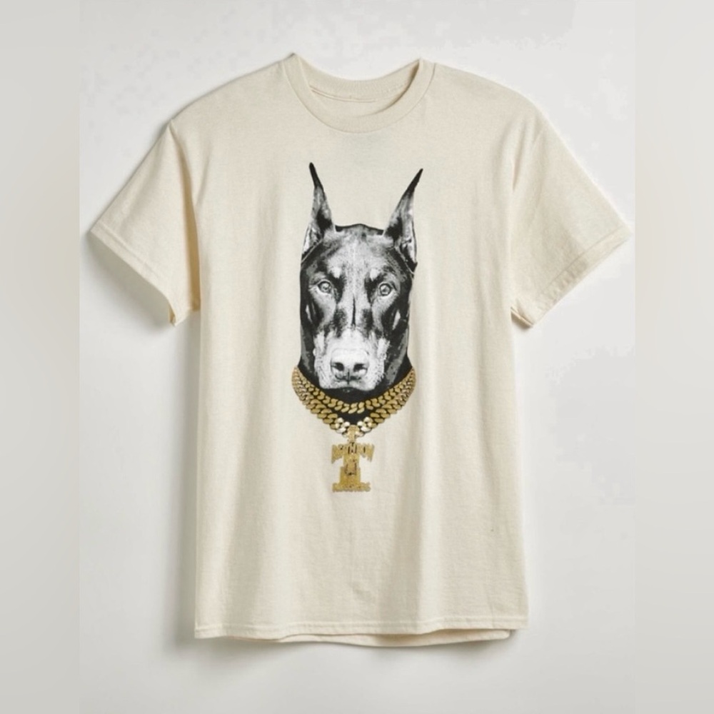 Death Row Records Doberman Chain Dog Tee Cream/Ivory Size Large. NWT